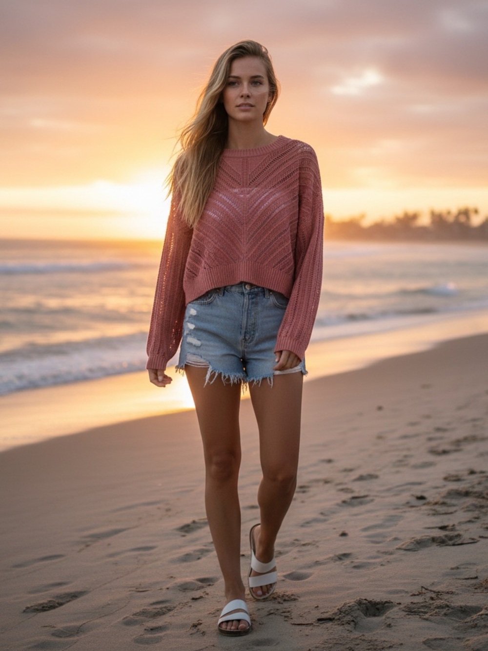 Womens Dusty Rose Knit Pullover Sweater open knit cropped boxy size XL